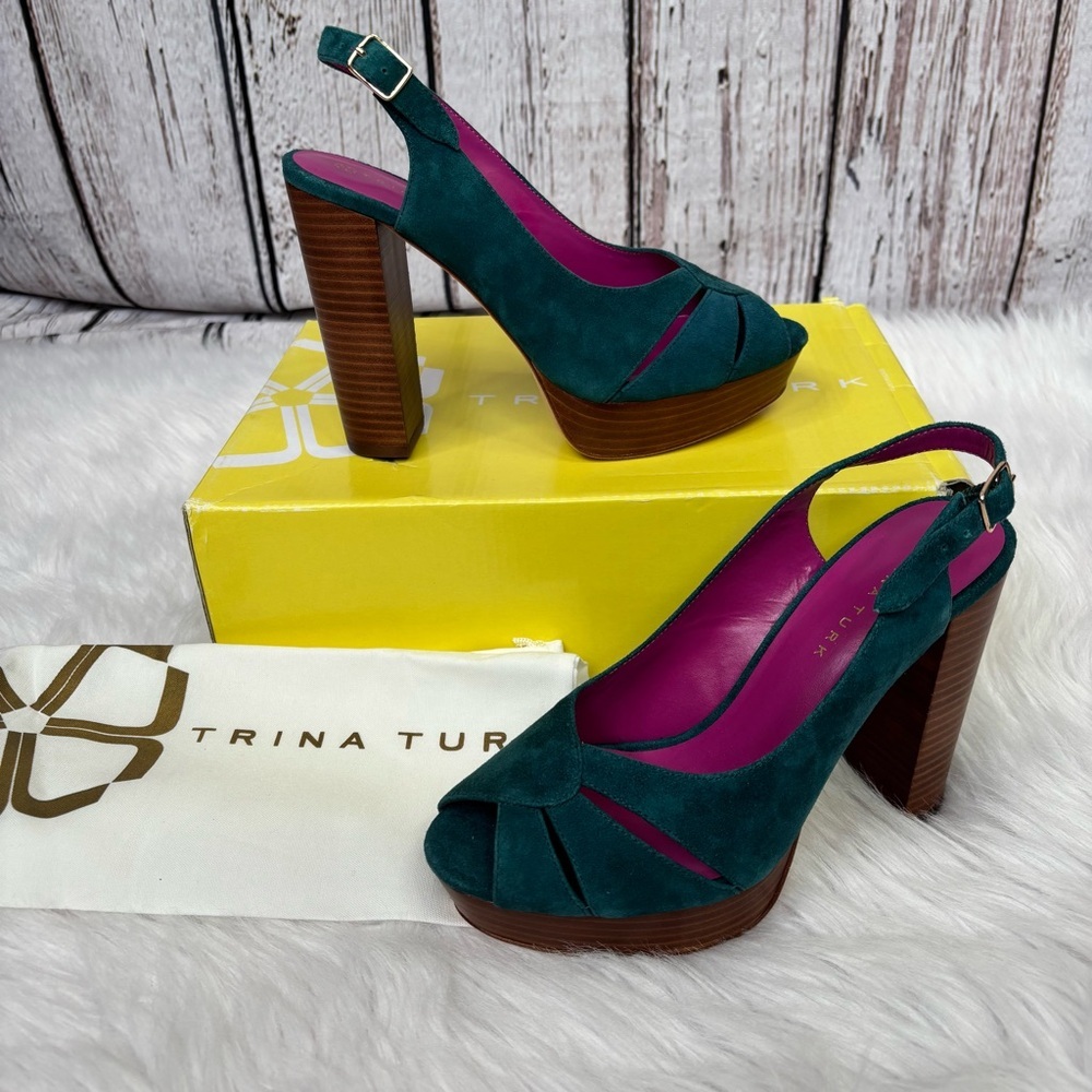 NIB New with Box Trina Turk Joni Platform Suede Heels‎ in Aqua Bloom Size 7.5